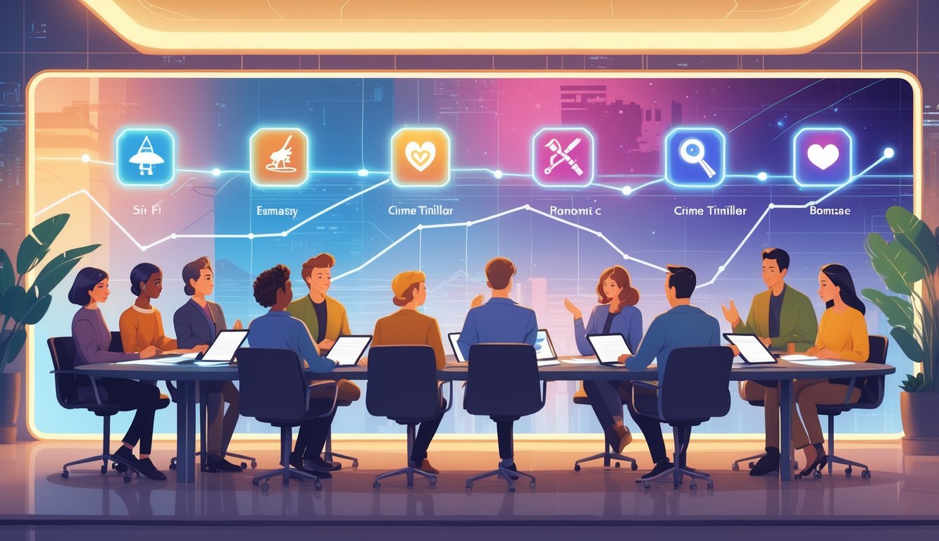Feature image A group of writers around a table with digital devices and floating icons representing different TV genres, discussing ideas in a modern, futuristic workspace.