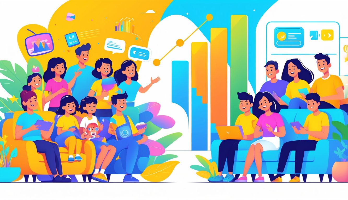 Two groups of characters representing family shows and streaming originals with a large bar graph showing family shows growing faster.