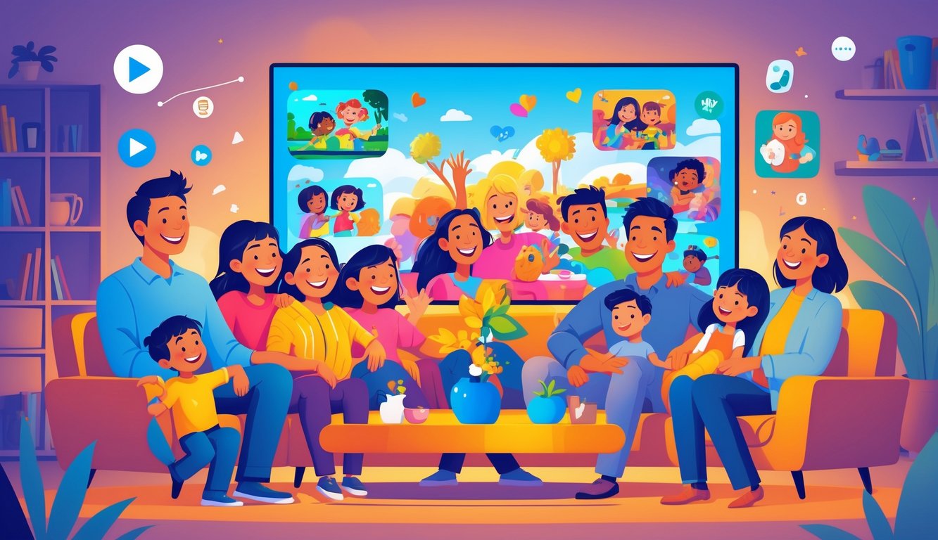 A happy family of diverse ages watching a lively family show together on a large TV in a cozy living room.