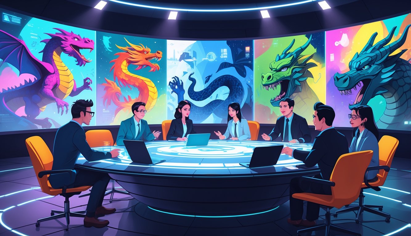 A group of writers collaborating around a futuristic table with holographic projections combining elements from different TV genres.