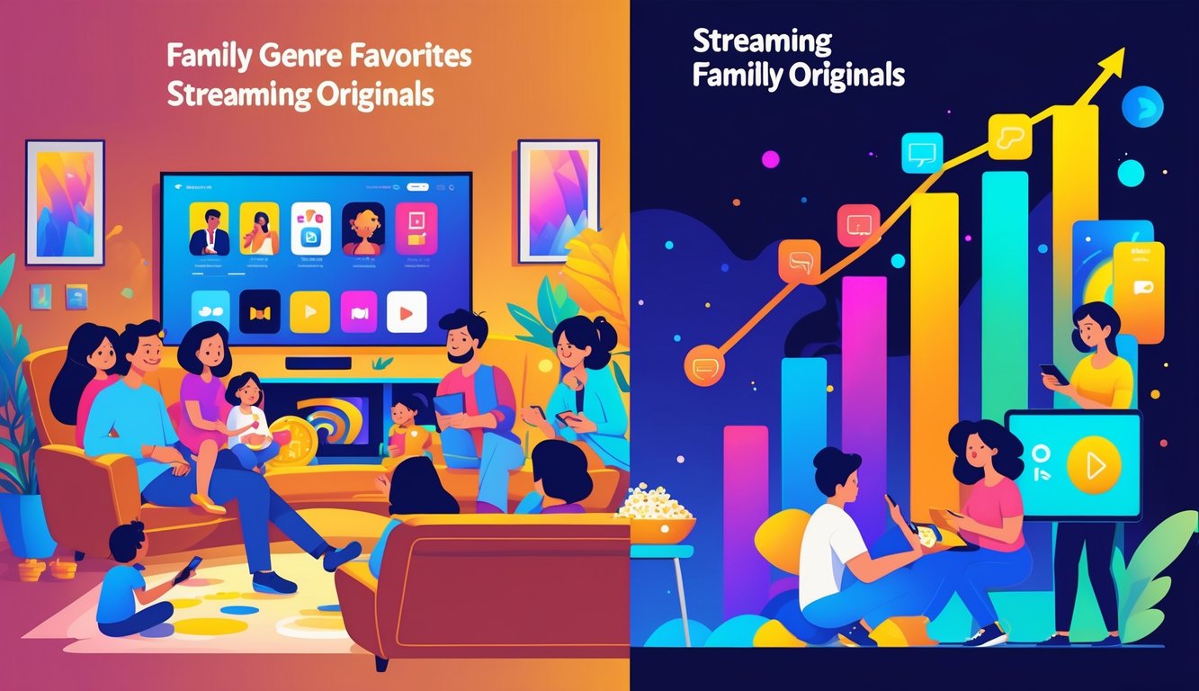 A family watching a movie together on a couch in a cozy living room contrasts with a group of young people streaming shows on devices in a modern setting, with a rising chart in the background showing growth.