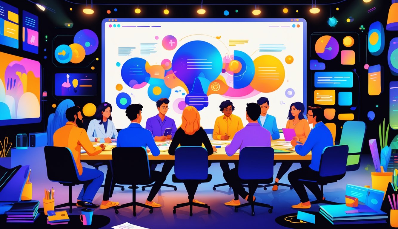 A group of writers collaborating around a table filled with storyboards and creative tools, brainstorming ideas about different TV genres.