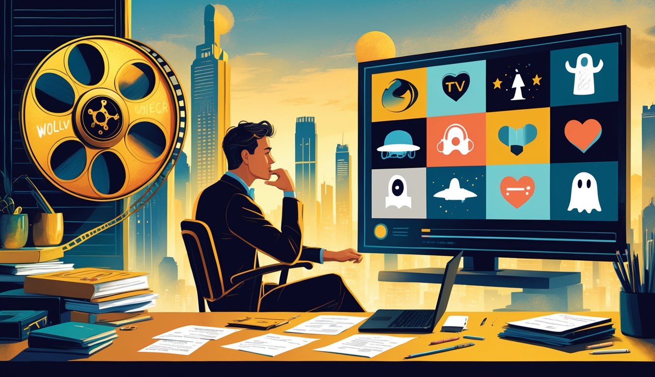A writer at a desk with a vintage film reel and a modern TV screen showing icons representing different TV genres, set against a cityscape blending classic Hollywood and futuristic buildings.