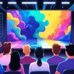 A group of diverse people watching a large digital screen showing colorful abstract shapes blending together, symbolizing changing entertainment preferences.