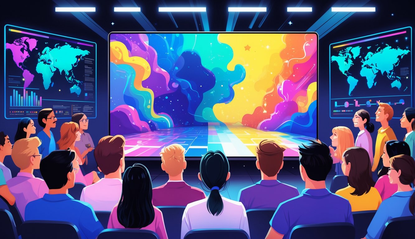 Feature image A group of diverse people watching a large digital screen showing colorful abstract shapes blending together, symbolizing changing entertainment preferences.