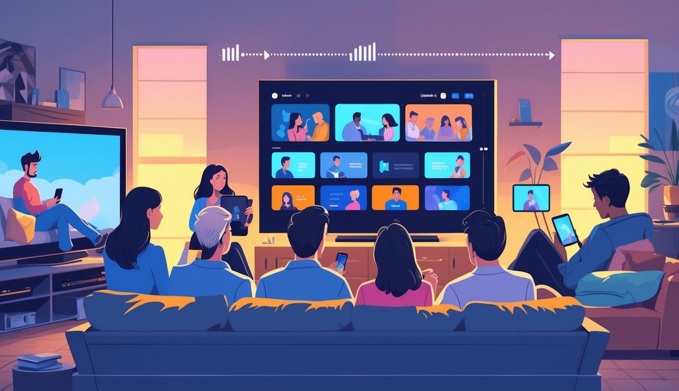 People of different ages watching various screens in a living room and bedroom, showing engagement with multiple types of entertainment content.