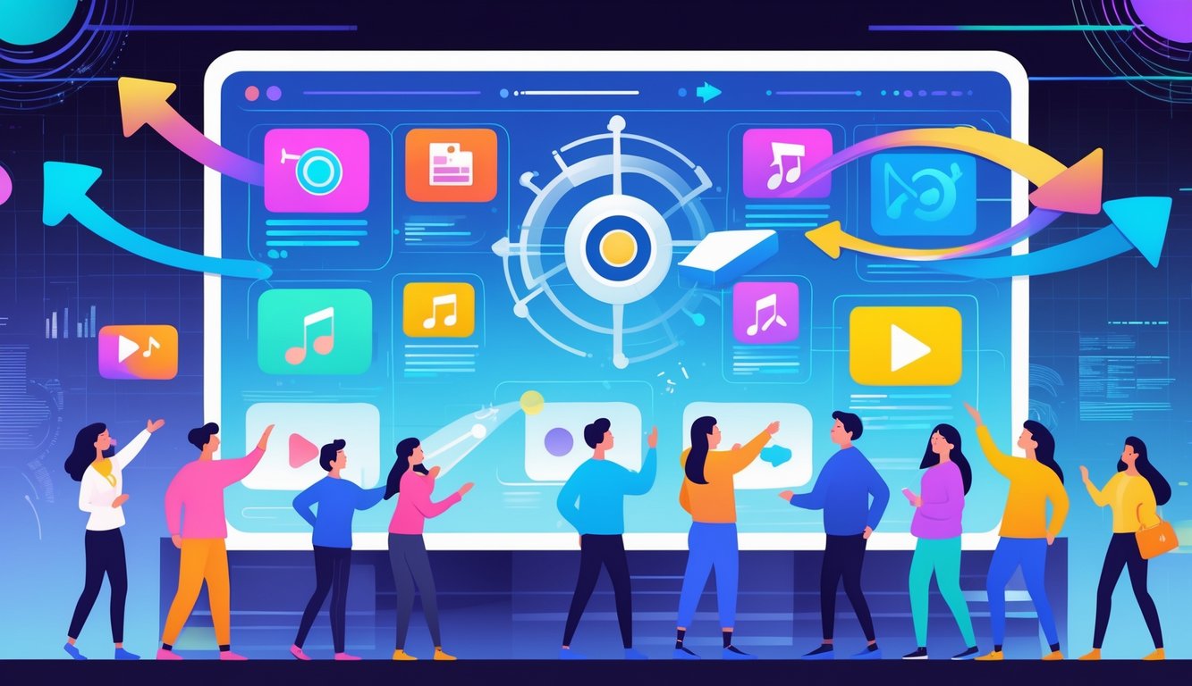 A group of diverse people interacting with a large digital display showing various content genre icons and arrows representing rapid changes in viewer demands.
