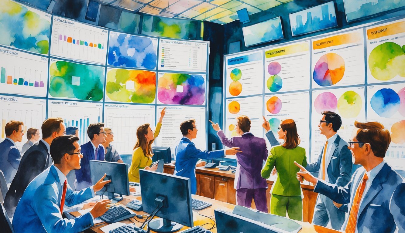 Feature image A busy television control room with people discussing and pointing at large screens showing colorful charts and schedules.