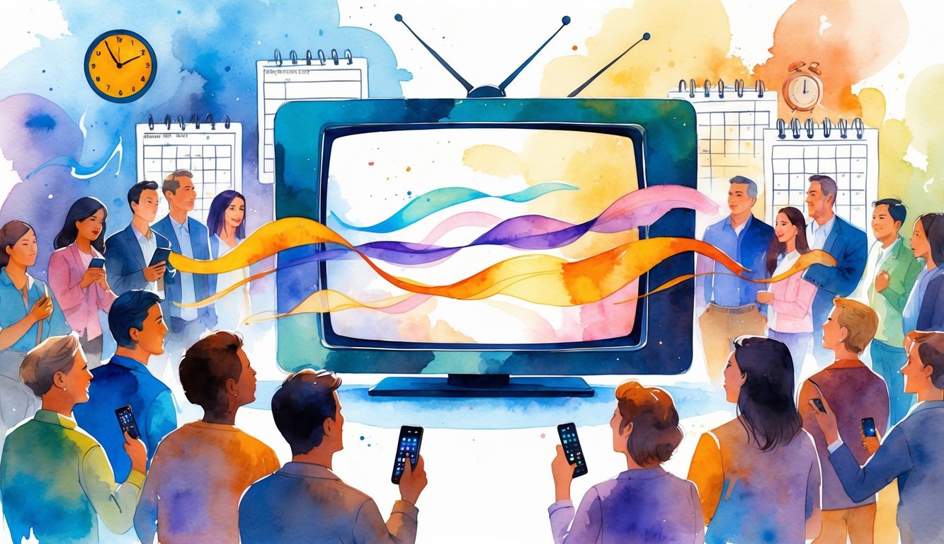 A group of diverse people watching a large television screen surrounded by clocks and calendar pages, symbolizing changes in weekly TV schedules.