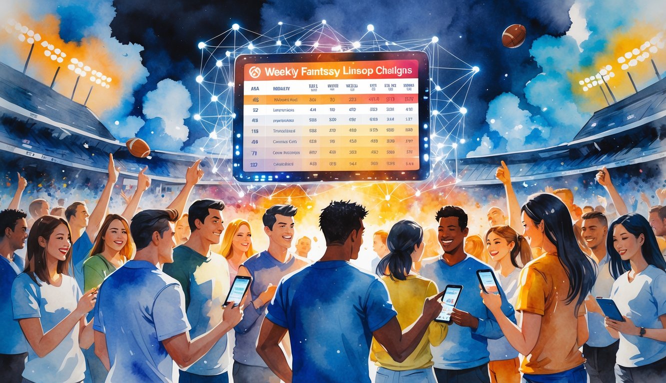 A group of people gathered around a digital scoreboard discussing fantasy sports lineups with sports elements and network connections in the background.
