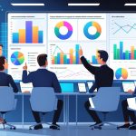 A group of professionals in a modern office reviewing data charts on a large digital screen during a meeting.