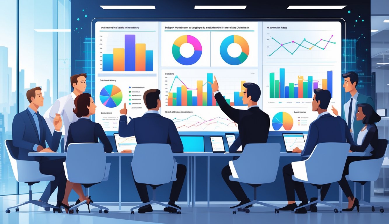 Feature image A group of professionals in a modern office reviewing data charts on a large digital screen during a meeting.