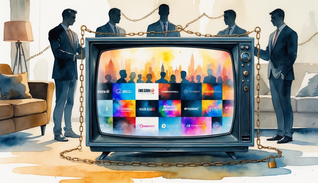 Feature image A living room scene with a glowing television surrounded by chains and shadowy figures exchanging contracts in the background.