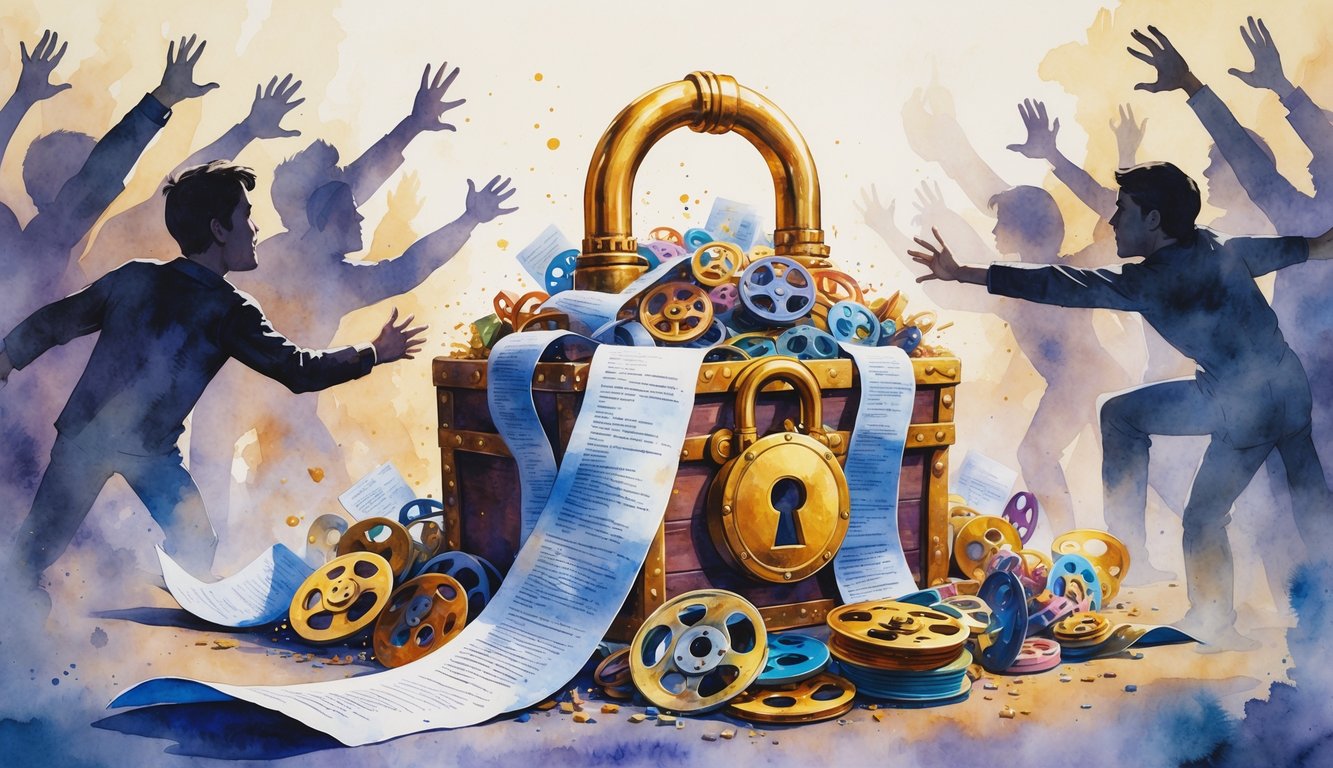 A treasure chest locked with a golden streaming service logo lock, surrounded by contract papers and shadowy figures reaching toward it, with faded TV show characters in the background.