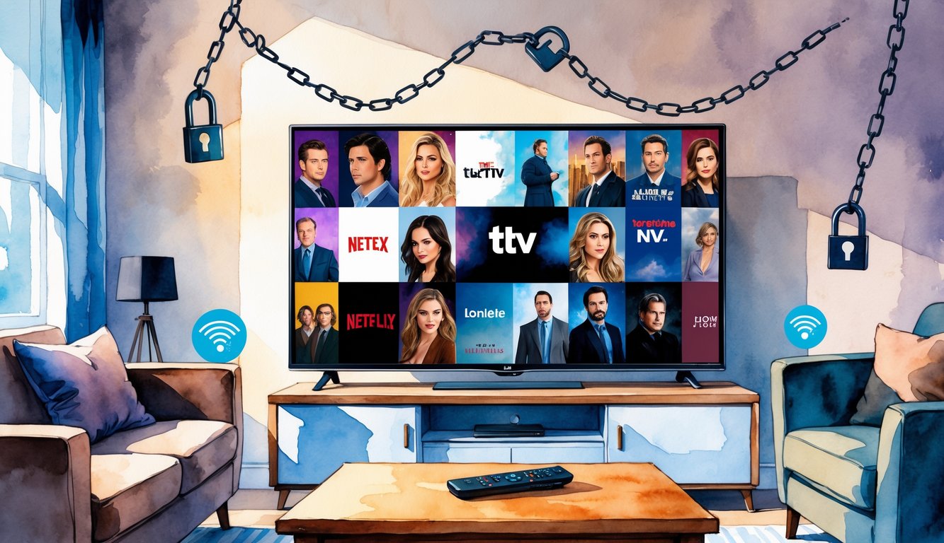 A living room with a TV displaying blurred images of popular shows, surrounded by chains and locks, with a remote on a coffee table.