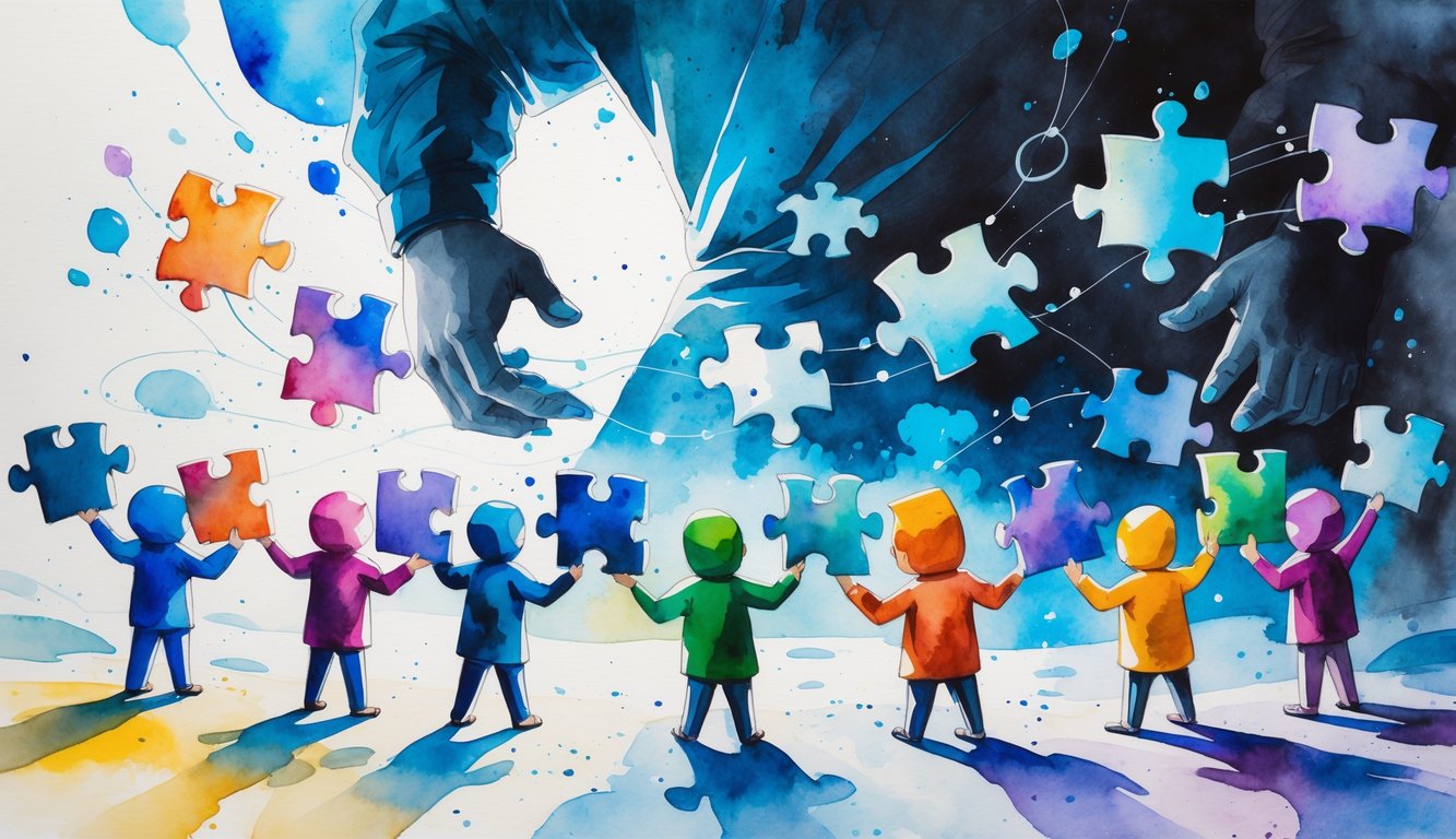 Several small figures holding puzzle pieces shaped like TV screens try to assemble a larger picture while a large shadowy figure looms behind, blocking some pieces and creating barriers between them.