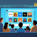 A family watching a TV with invisible barriers and icons indicating streaming access limits in a cozy living room.