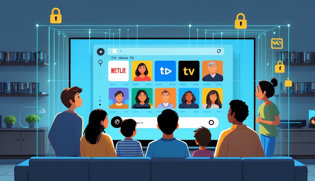 A family watching a TV with invisible barriers and icons indicating streaming access limits in a cozy living room.