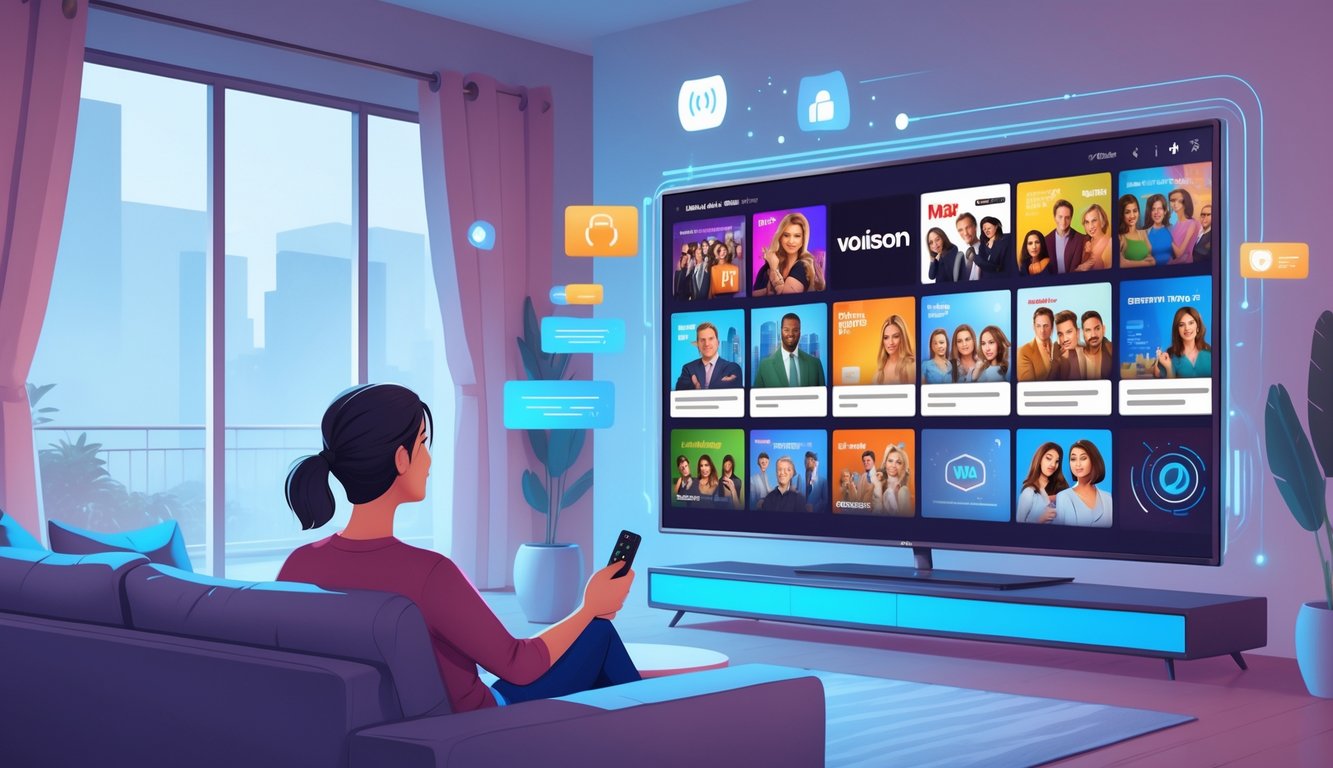 A person sitting on a couch watching a TV screen showing some locked and some available TV show thumbnails, illustrating streaming access limits.