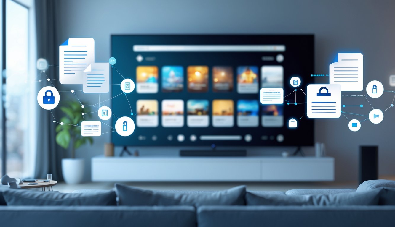 A living room with a TV showing a streaming interface, overlaid by floating contract icons and lock symbols, connected to various streaming devices.
