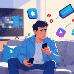A person sitting on a couch looking frustrated surrounded by streaming service icons and warning symbols in a living room.