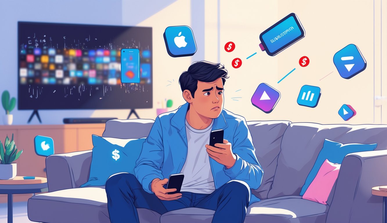 Feature image A person sitting on a couch looking frustrated surrounded by streaming service icons and warning symbols in a living room.