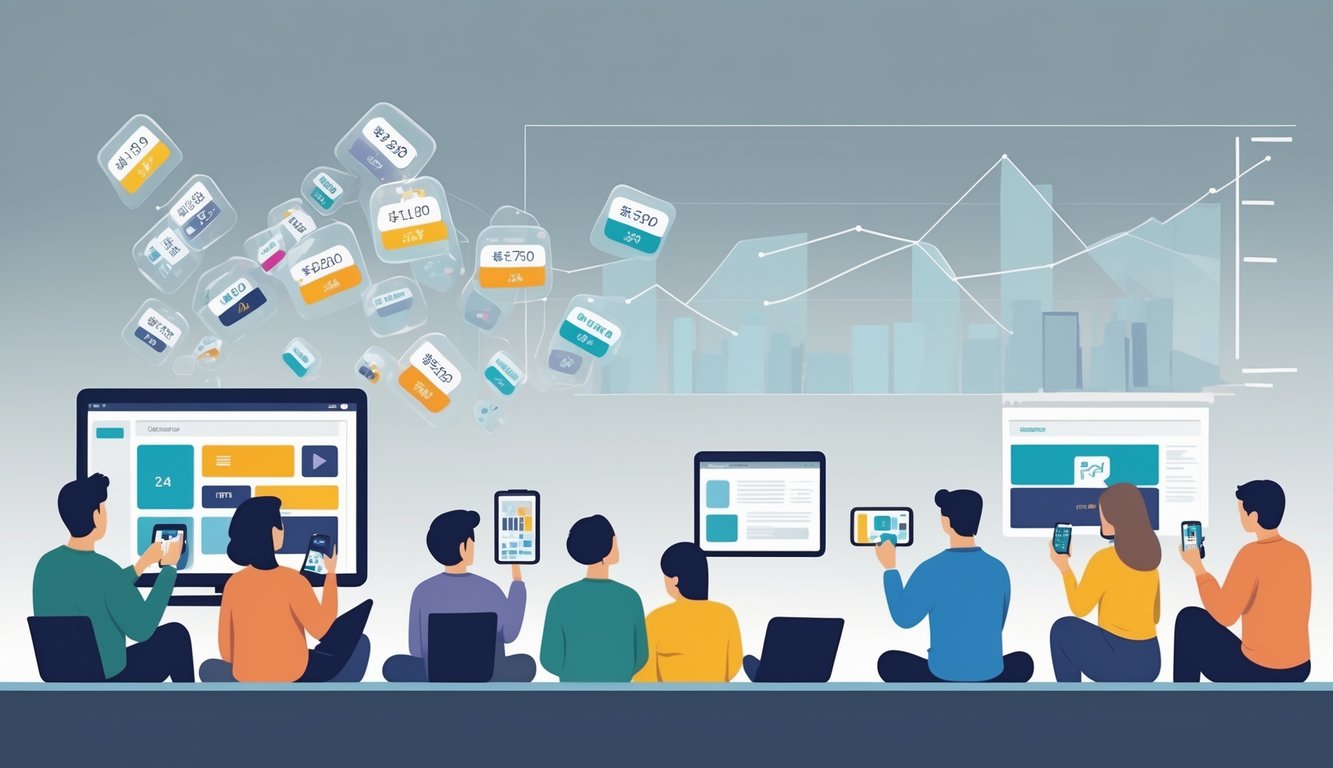 Viewers watching streaming content on different devices with floating subscription icons and price tags showing rising costs.