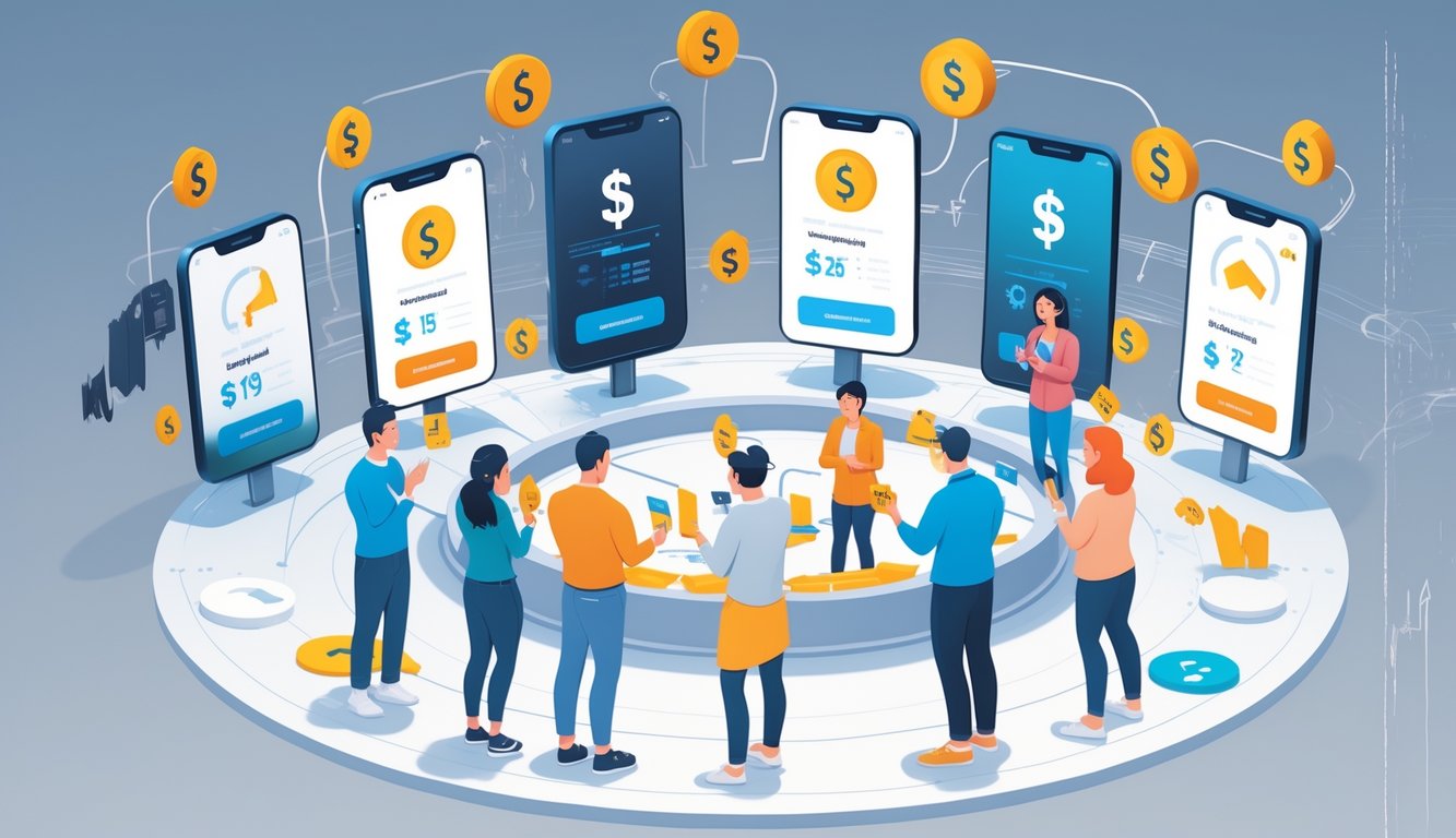 A group of people looking surprised while viewing digital screens showing streaming service icons and pricing symbols, surrounded by warning signs and rising cost indicators.