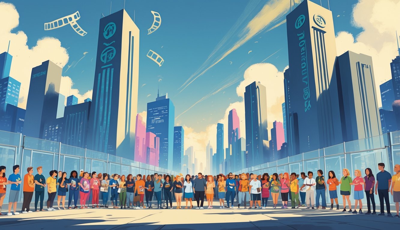 Feature image A city scene showing large corporate buildings casting shadows over fans gathered around popular characters, separated by transparent barriers symbolizing limited access.