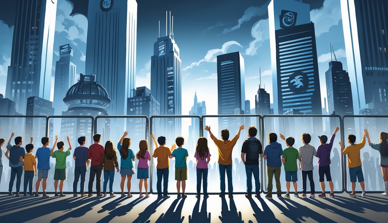 A group of fans standing behind a closing gate in front of large studio buildings, symbolizing restricted access to popular entertainment series.