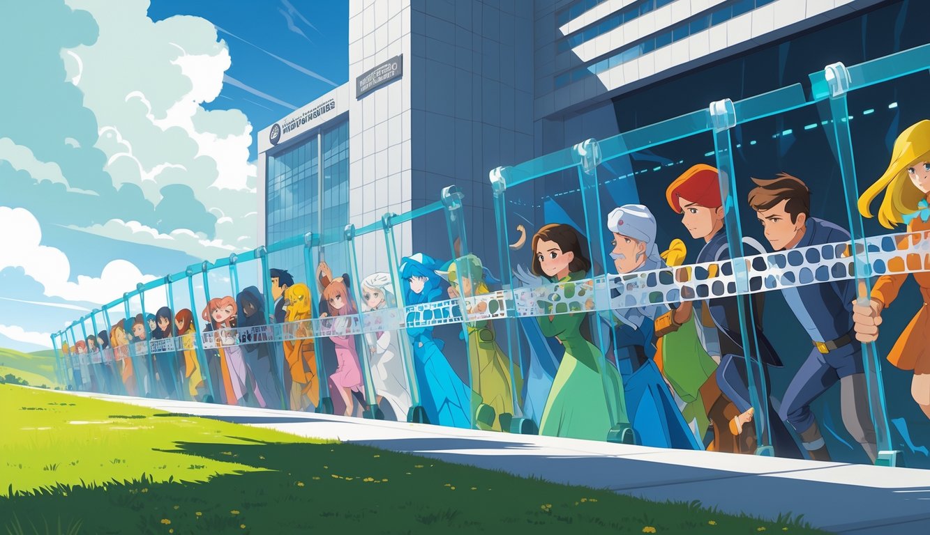 A large corporate building casting shadows over popular fictional characters who are partially blocked by transparent barriers made of film reels and locks, symbolizing restricted access.