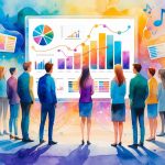 A group of diverse people gathered around a glowing screen with colorful charts, surrounded by symbols representing different entertainment genres.