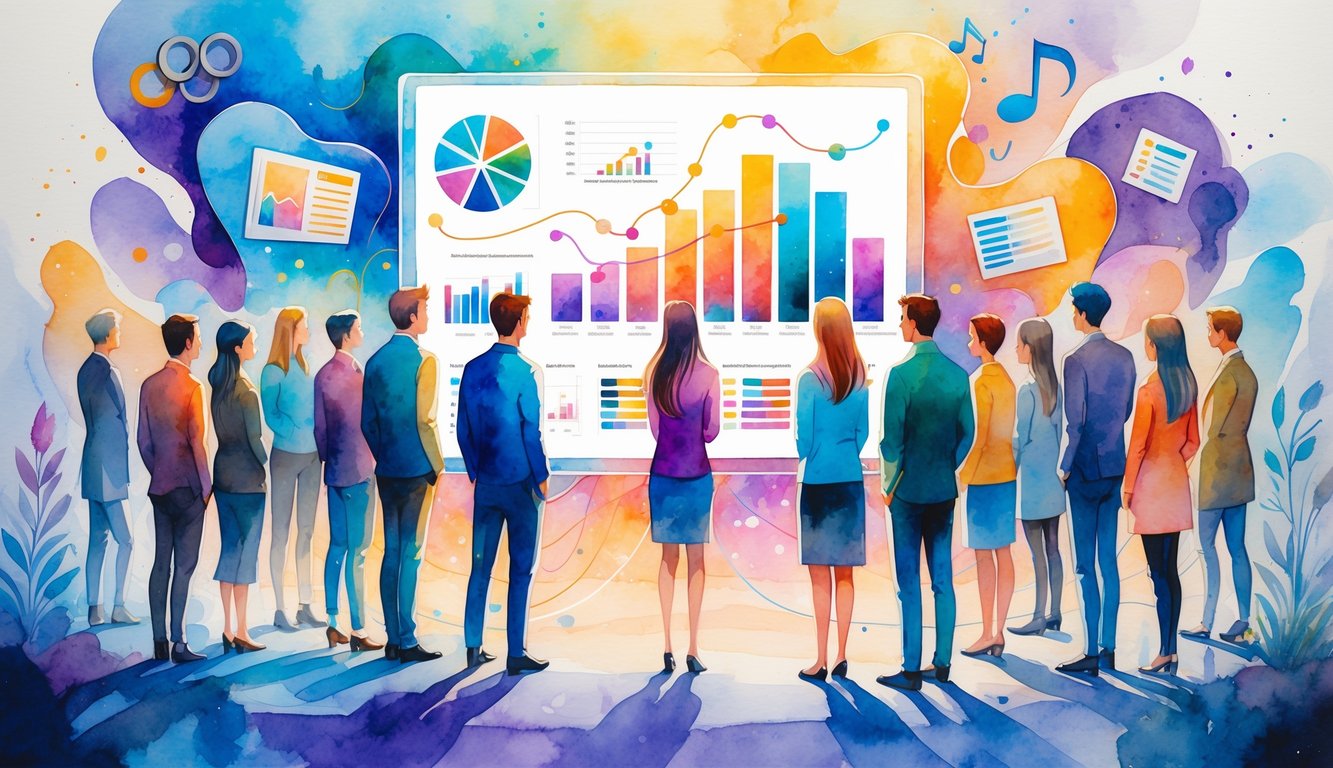 A group of diverse people gathered around a glowing screen with colorful charts, surrounded by symbols representing different entertainment genres.