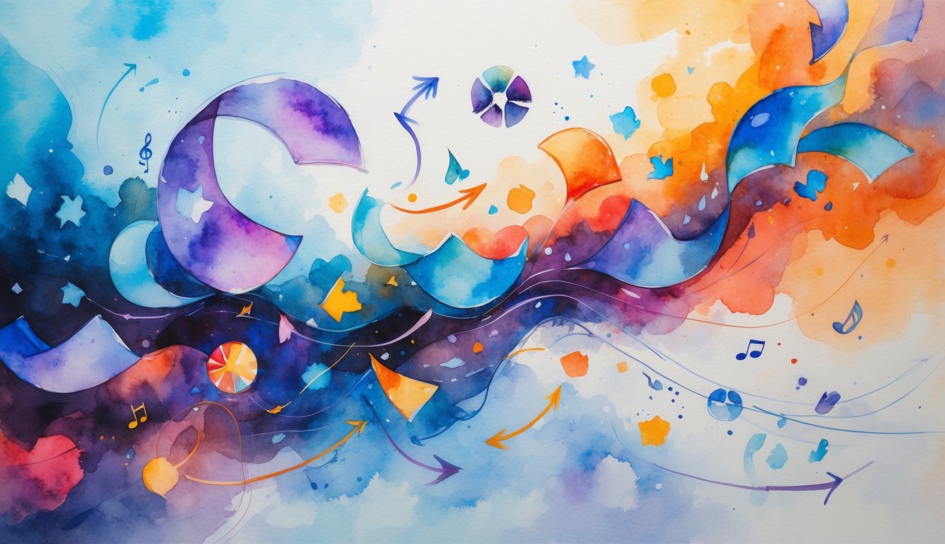 An abstract scene showing colorful shapes and arrows flowing and changing direction over a soft background, with faint symbols representing different entertainment genres blending into the image.