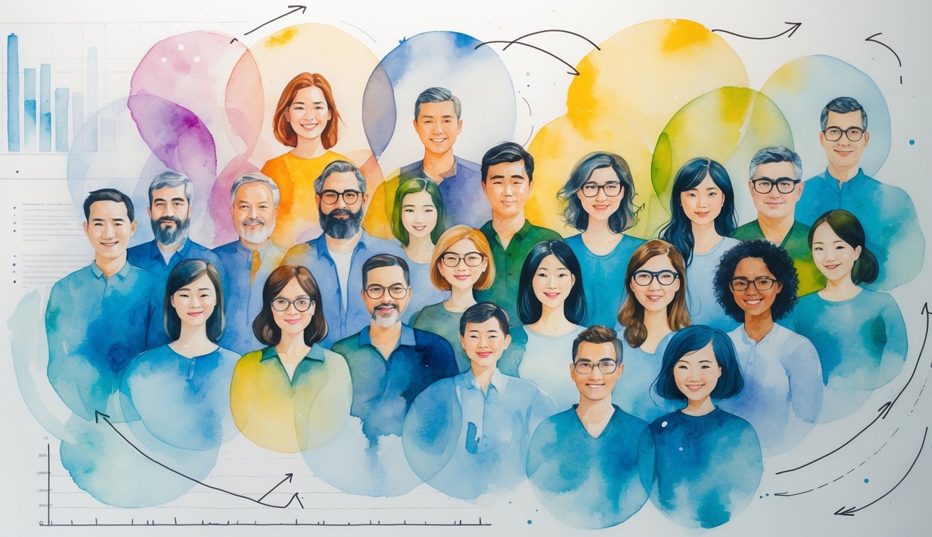 A diverse group of people arranged in overlapping colorful circles with abstract arrows and waves indicating movement and change.