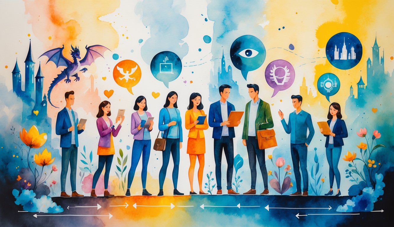 A diverse group of people surrounded by symbolic shapes representing different entertainment genres, connected by flowing paths that show changing preferences.