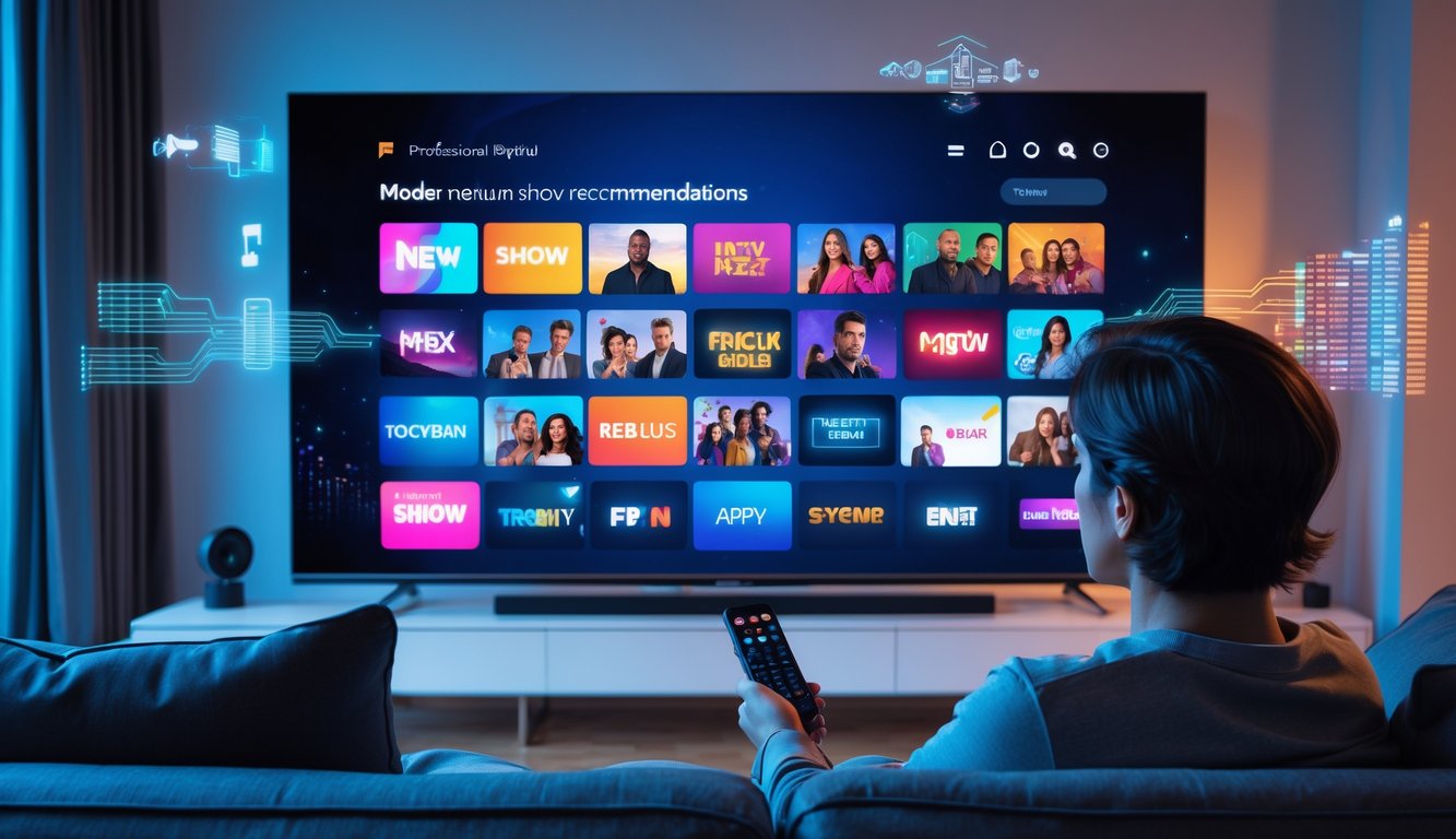 A person sitting on a couch holding a remote, watching a TV screen showing a grid of new show thumbnails with digital data visuals around the screen.