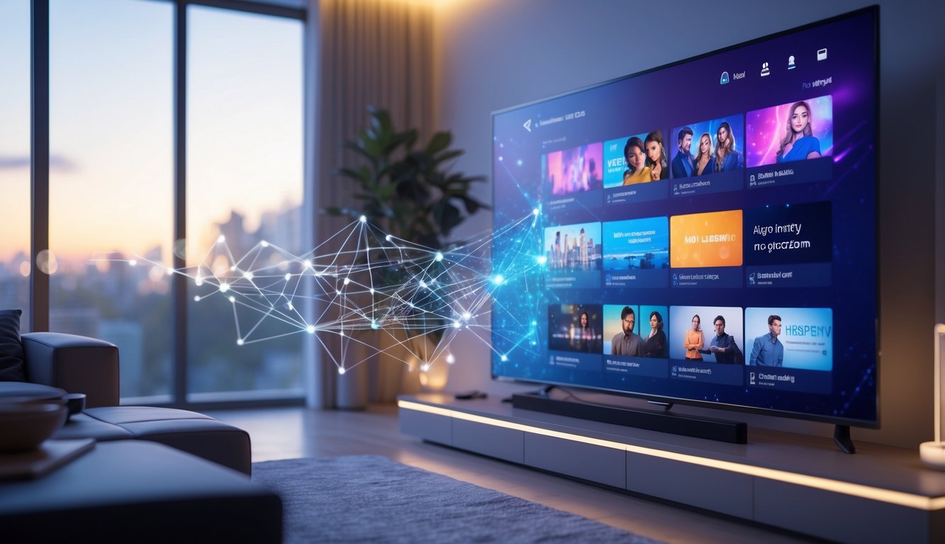A living room with a large TV showing a streaming app interface and glowing digital data streams connecting to a laptop nearby.