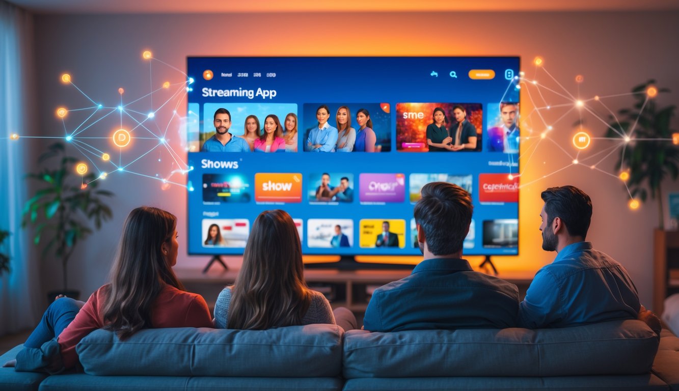 People sitting on a couch in a living room watching a smart TV displaying a streaming platform interface with show thumbnails and digital graphics representing data connections around the screen.