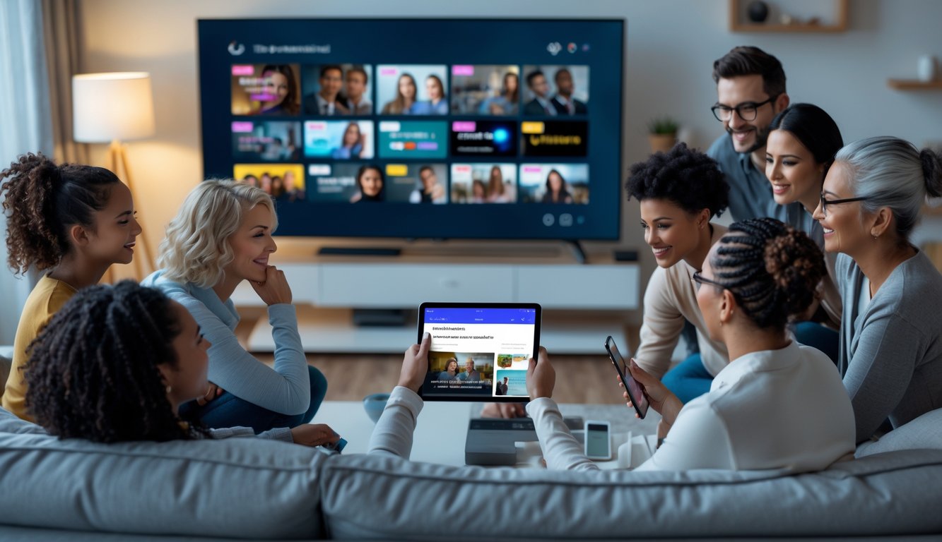 People using various devices in a living room watching streaming shows with personalized recommendations displayed on screens.