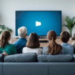 A group of people watching television in a living room during a commercial break, showing varied facial expressions.