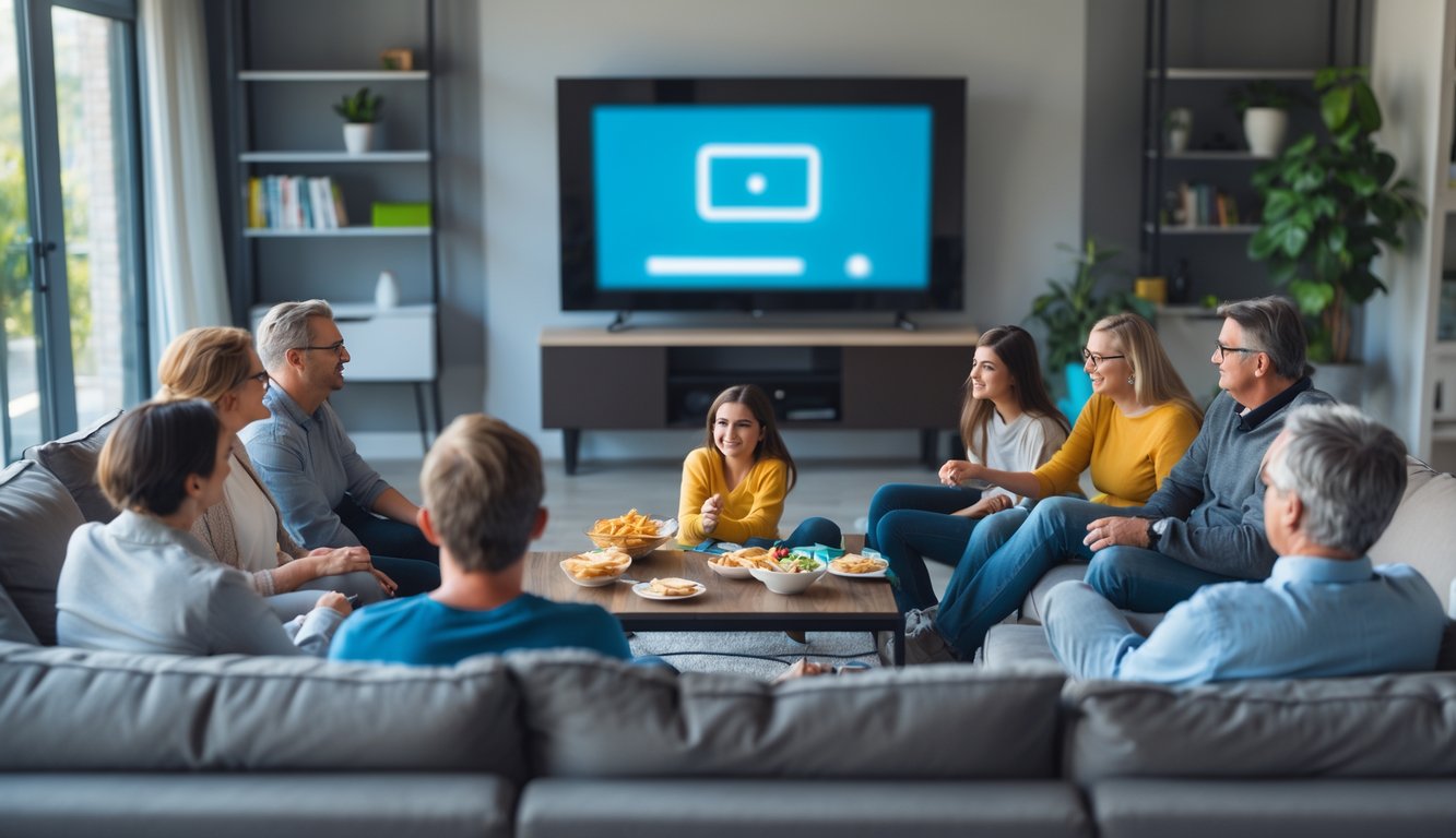 A group of people watching television in a living room during a commercial break, showing varied reactions and a blurred TV screen.
