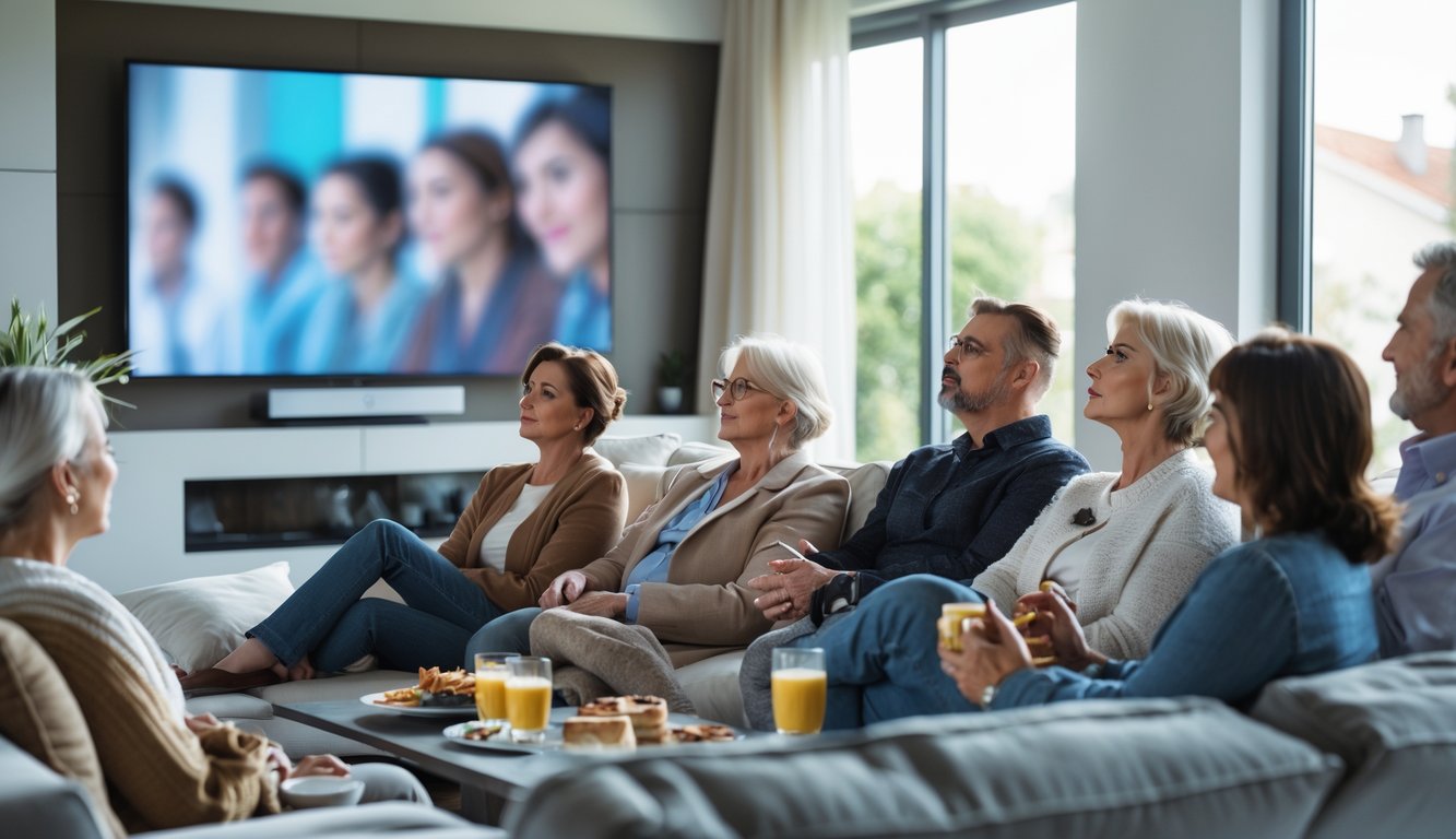 A group of people watching television together in a living room, showing attentive and varied facial expressions.
