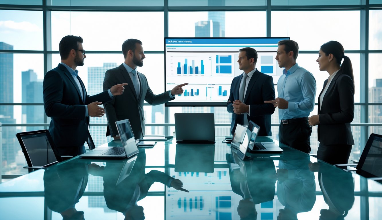 A group of business professionals in a conference room reviewing advertising data on digital screens during a meeting.